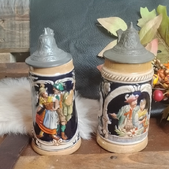 Vintage German Beer Steins with Pewter Lids Set Of Two